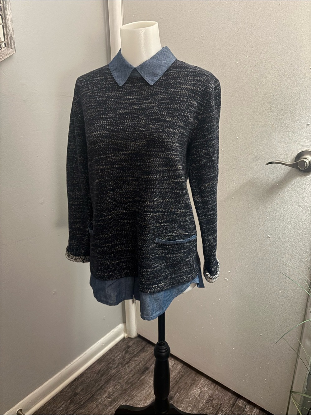 Ann Taylor Charcoal Marled Sweater with Blue Chambray Collar - Picture 2 of 13